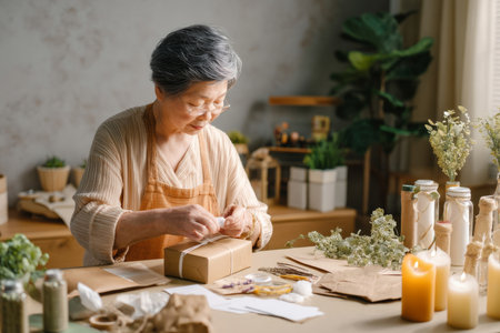 An elderly Asian woman assembles wellness kits with tea, candles, and journaling prompts for employees, promoting mental health and emotional balance in the modern workplaceの素材