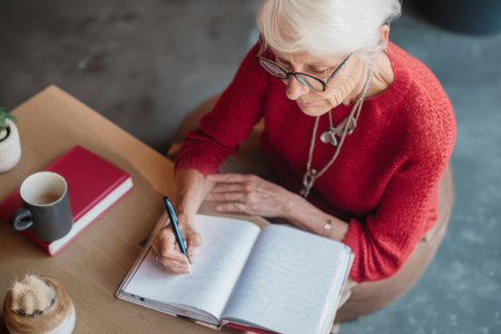 An elderly Caucasian woman documents internal leadership principles in a printed booklet, writing chapters on vision, empathy, and lifelong learning for the next generationの素材
