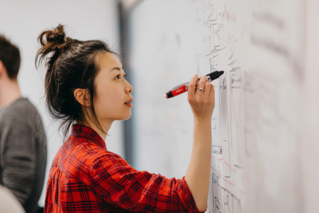 A young Asian woman guides a redesign sprint for the company intranet, using whiteboard sketches and peer input to enhance the interface.の素材