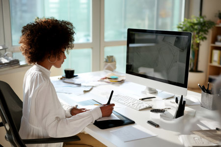 Black mature businesswoman using a large monitor and digital pen to design product mockups. The tech-forward office has natural lighting, ergonomic furniture, and a soft color palette.の素材