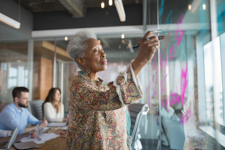 Black elderly businesswoman confidently writing on a transparent board in a glass meeting room, explaining project milestones with precision to younger staff seated behind.の素材