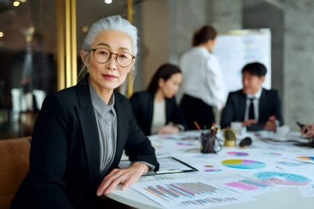 Asian elderly businesswoman dressed in classic corporate attire sits at a round table with colleagues, analyzing data charts. Her composed demeanor shows decades of leadership. The office combines traditional and contemporary design.の素材