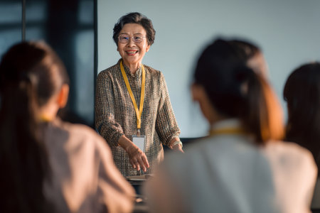 An elderly Asian businesswoman gives a motivational speech to interns, drawing on decades of leadership experience, offering wisdom about resilience, innovation, and authenticity in the workplaceの素材