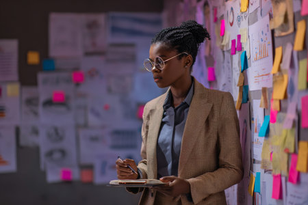 African-American young adult businesswoman taking notes during an intense brainstorming session. Sticky notes, charts, and diagrams cover the meeting room walls. She wears smart attire and focused expression.の素材
