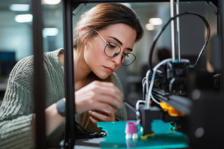 A young adult Caucasian woman uses a 3D printer in the office lab to produce product prototypes, focusing intensely while calibrating the machine and preparing presentation samplesの素材