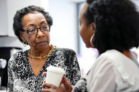 An elderly Black woman mentors a junior manager over coffee, offering guidance on leadership growth, burnout recovery, and authentic success.の素材