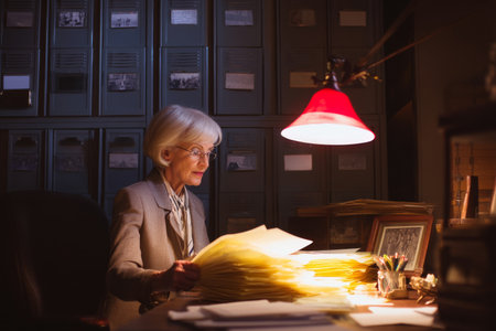 Caucasian elderly businesswoman calmly organizing legal documents in a corner office filled with filing cabinets, historic photos, and a soft lamp glow creating a warm professional mood.の素材