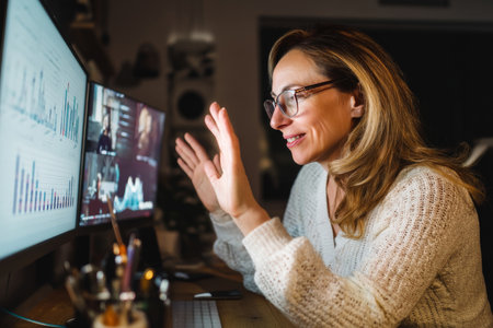 A middle-aged Caucasian woman discusses funding via video call from her home office, confidently sharing investment visuals and growth projections.の素材