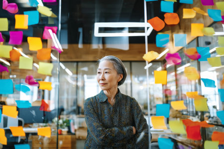 Asian middle-aged businesswoman stands in front of a glass wall filled with colorful sticky notes, organizing tasks for a product launch. Her expression is determined, and the office is bright and full of modern furnishings.の素材
