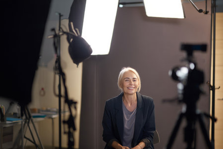 Caucasian mature businesswoman giving a financial report on camera in a recording setup inside her office, lights on, microphone clipped, and branded backdrop behind.の素材