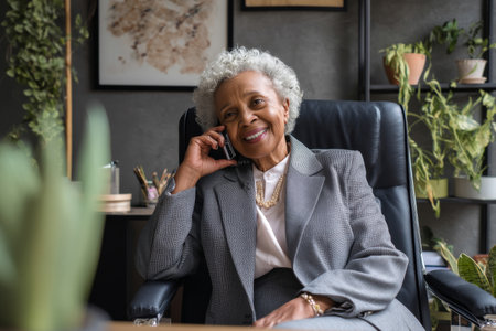 An elderly African-American woman speaks with a client over the phone in a calm, elegant office filled with plants and soft light, dressed in a gray suit.の素材