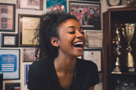 African-American young adult businesswoman laughing during a team-building call, captured mid-conversation, her background decorated with creative awards and personal memorabilia.の素材