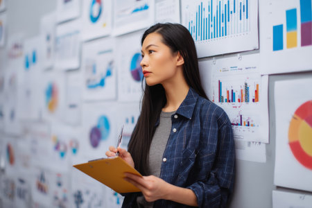 A young adult Asian woman reviews diversity analytics reports, evaluating hiring patterns, promotion rates, and pay equity to suggest strategies for a more inclusive workplaceの素材