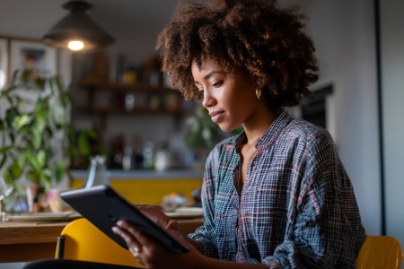 A young adult Black woman moderates a remote strategy session via tablet, coordinating across time zones while managing digital collaboration tools and team alignmentの素材