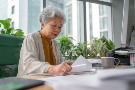 An elderly Asian woman uploads archived training materials to the company intranet, preserving decades of expertise for generations future.の素材