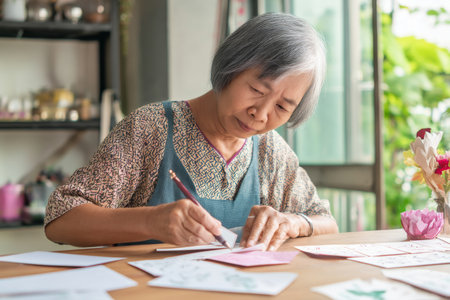 An elderly Asian woman prepares handmade thank-you notes for departing interns, writing personal messages that reflect her mentorship and gratitude while encouraging them to pursue future opportunities with confidence and curiosityの素材