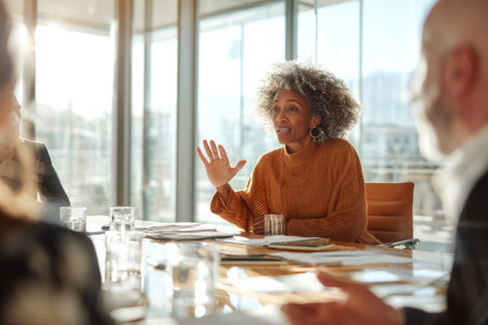 A middle-aged Black businesswoman meets with clients in a sunny conference room, presenting brand strategy ideas while listening intently to feedback and building long-term partnershipsの素材