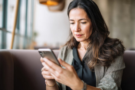 A middle-aged Hispanic woman curates a seasonal email campaign, selecting content, visuals, and calls-to-action while testing responsiveness across various devices and email platformsの素材