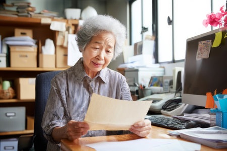 An elderly Asian woman composes a farewell letter for her successor, reflecting on lessons learned, office traditions, and future hopes for the company and its peopleの素材