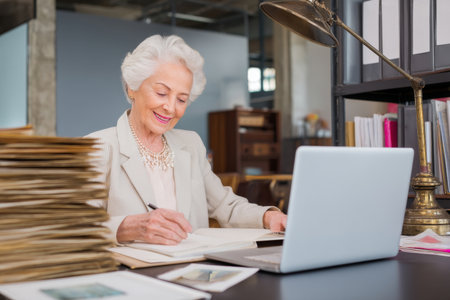 An elderly Caucasian woman prepares a case study portfolio using archival files and digital documents, highlighting key innovations she introduced over decades in the business landscapeの素材