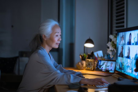 A mature Asian woman coordinates an international video call with partners across time zones, managing presentation flow and interpreting feedback live, using tech fluency and cultural sensitivityの素材