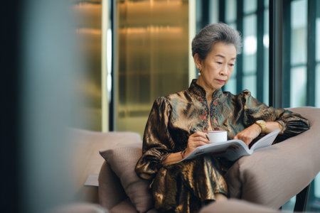 Asian elderly business woman relaxing in a modern office lounge area, sipping coffee while reading a report, dressed in a luxurious silk blouse, soft light coming from large windows, reflecting her wisdom and calm demeanorの素材