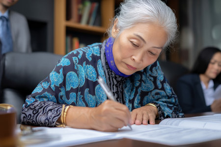An elderly Asian woman updates legal compliance documents with careful precision, working closely with lawyers to ensure all policies reflect changing global regulations and ethical standardsの素材