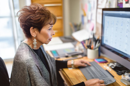 A middle-aged Hispanic woman schedules social media posts from her computer, checking content calendars and audience analytics while coordinating with graphic designers and copywritersの素材