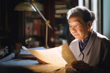 An elderly Asian businesswoman thoughtfully reviews strategic documents in her quiet home office, surrounded by an atmosphere of warmth and seasoned insight.の素材