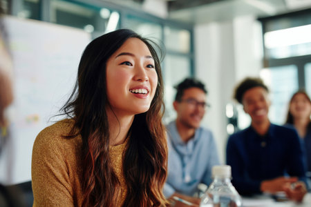 A young adult Asian woman hosts a digital innovation session, brainstorming AI solutions, mobile-first ideas, and digital branding upgrades with a room full of energized colleaguesの素材