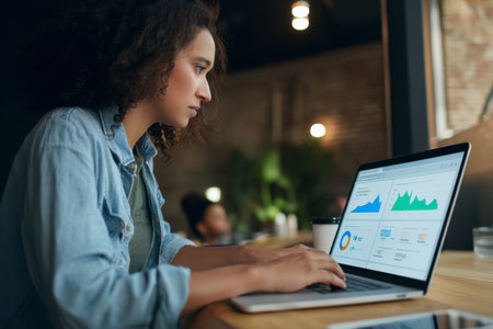 A young adult Hispanic woman monitors real-time campaign analytics on her laptop, tracking social media engagement, click-through rates, and trending content to optimize outreachの素材