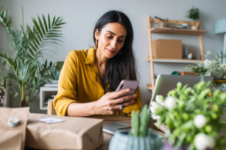 A middle-aged Hispanic woman curates a seasonal email campaign, selecting content, visuals, and calls-to-action while testing responsiveness across various devices and email platformsの素材