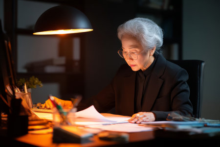 Elderly Asian business woman working late in her office, reviewing strategy papers on her desk, dressed in a professional black suit, her workspace neat and organized with a warm glow from the desk lamp, the room peaceful and focusedの素材