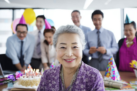 Elderly Asian woman celebrating her birthday at the office, surrounded by colleagues and birthday decorationsの素材