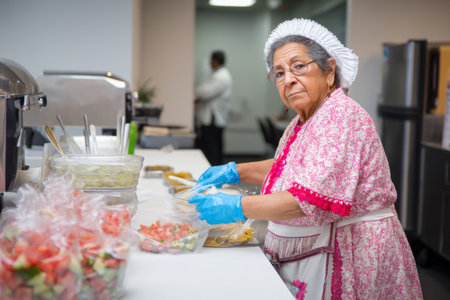 Elderly Hispanic woman preparing traditional treats for a cultural celebration in the break roomの素材