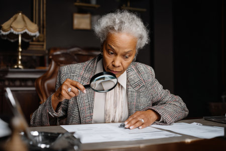 Elderly Black businesswoman reviewing annual reports with a magnifying glass, detailed annotations beside her, calm and intellectual atmosphere in a classic executive suiteの素材