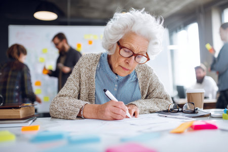 Elderly Caucasian woman finalizing her transition plan, creating knowledge transfer documents and team transition notesの素材