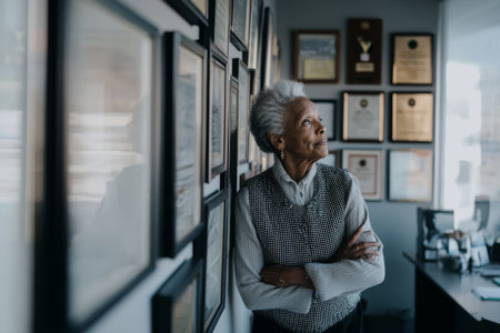 Elderly Black woman reflecting on decades of service, standing by her framed awards in a quiet officeの素材
