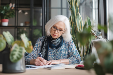 Elderly Caucasian business woman organizing her week with a digital calendar and hand-written notes, seated at her minimalist desk, wearing an elegant scarf and blouse combo, indoor plants and a large window fill the space with warmth and motivation for planningの素材