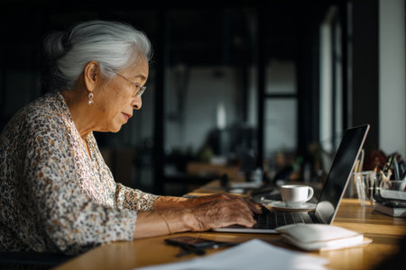 Elderly Hispanic woman preparing her farewell message to the company, typing a heartfelt note at her office deskの素材
