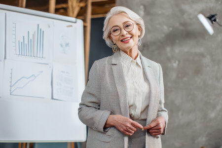 Elderly Caucasian businesswoman giving a remote presentation, standing confidently near a whiteboard with charts, smiling kindly, wearing formal blazer, showing experience and elegance in corporate leadershipの素材
