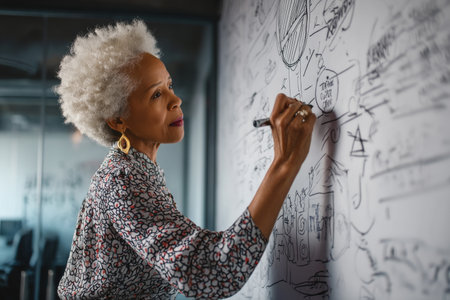 Mature African-American woman sketching concepts for an office mural celebrating women in leadershipの素材
