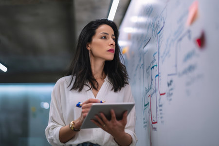 Hispanic young adult businesswoman checking progress metrics on a tablet while standing near a large company roadmap poster. Her energy suggests both focus and forward momentum.の素材