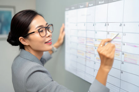 Mature Asian woman scheduling executive calendar changes, syncing across departments with clarityの素材