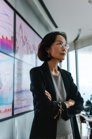 Mature Asian businesswoman reviewing financial graphs on a large screen in a sleek office meeting room, arms crossed in thought, serious and focused, stylish outfit, high-tech environment with a calm atmosphereの素材