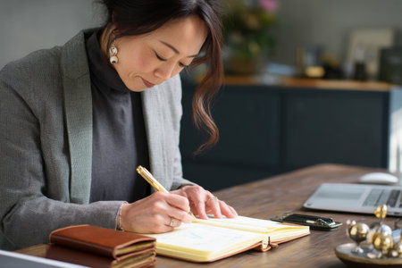 Mature Asian woman reviewing department KPIs during a leadership check-in, writing notes in a leather-bound notebookの素材
