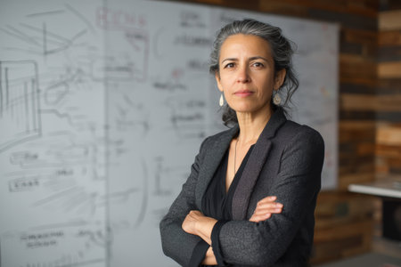 Hispanic middle-aged businesswoman standing with arms crossed in front of a whiteboard full of strategic plans. Her confident posture radiates authority. Modern office setting with soft lighting and wood textures.の素材