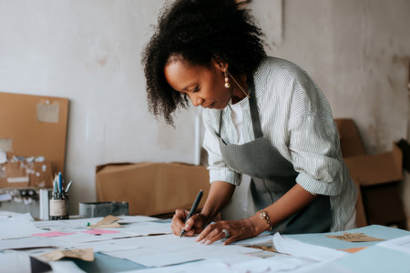 Mature African-American woman documenting brand guidelines for a company rebrand, carefully curating typography and toneの素材