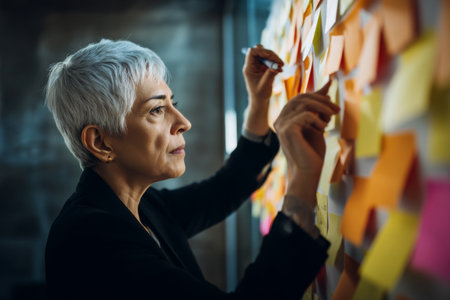 Hispanic elderly businesswoman with silver hair organizing colorful sticky notes on a project wall, planning a product launch timeline with sharp focus and an experienced eye for structure.の素材