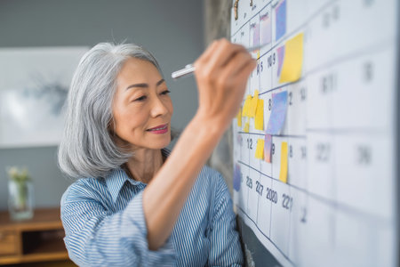 Mature Asian woman scheduling executive calendar changes, syncing across departments with clarityの素材